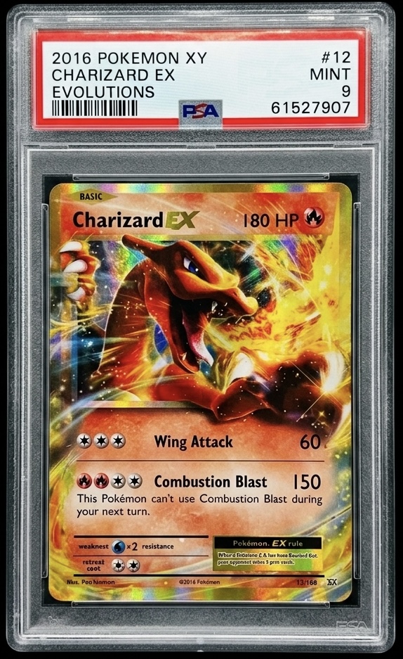Charizard Ex PSA 9 graded collectible creature card, front of slab